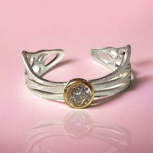 Two Tone Sparkling Butterfly Wings Ring Sterling Silver and Gold , Adjustable